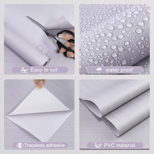 Grasscloth Peel and Stick Wallpaper Textured Fabric Contact Paper Faux Linen Self-Adhesive Waterproof Vinyl Wall Paper for Cabinet, Shelf Linen, Bathroom, Bedroom Silver Grey 15.7"x118"