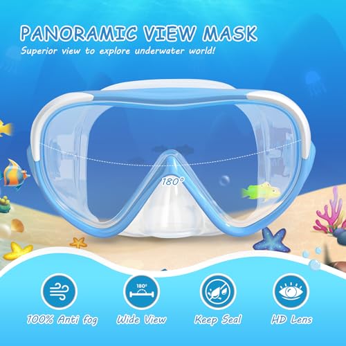 EXP VISION Kids 180° Panoramic Anti-Fog Dive Mask with Nose Cover - 2PCS Blue+Pink, Leak-Proof for Ages 4-14