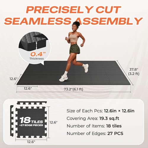 EVA Foam Interlocking Gym Mats - 18 Tiles, Black - Workout Flooring