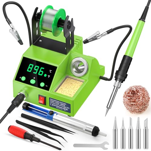 Soldering Station, 100W Digital Display Soldering Iron Station Kit with 2 Helping Hands, 356¡ÆF - 896¡ÆF, Auto Sleep, ¡ÆC/¡ÆF Conversion, Solder Wire, Tips, Stand, Pump, Tweezers, Tip Cleaner, Green