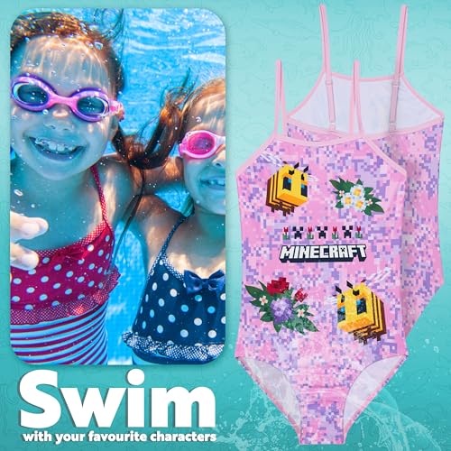 Girls One Piece Swimsuit - Stretchy Swimwear for 11-12 Years - Pink