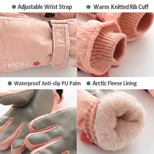 Kids Waterproof Winter Ski Gloves - Warm Snow Mittens for Ages 5-10 - Pink