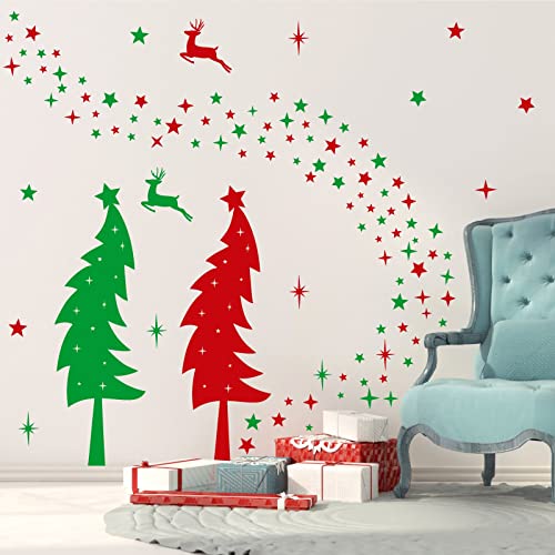 Large Christmas Tree Wall Stickers Vinyl Red Green Pine Tree Wall Decals Peel and Stick Stars Xmas Trees Stickers Removable Christmas Windows Walls Decorations Winter Holiday Party Supplies