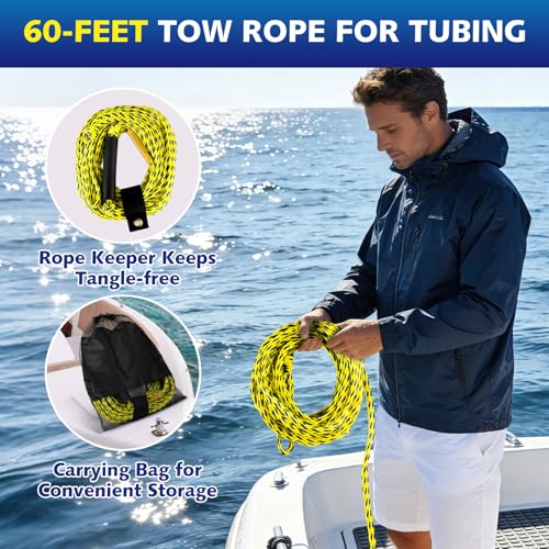 60FT Heavy Duty Boat Tow Rope for Tubing - Yellow & Black, 3 Person