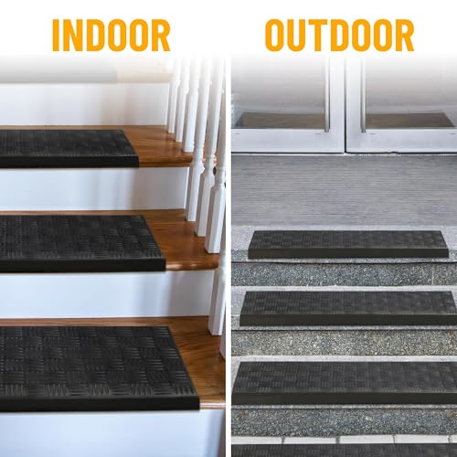 Ottomanson All-Weather Bullnose Rubber Stair Treads ? Non-Slip Step Mats for Wooden, Concrete, or Outdoor Stairs, Easy Maintenance, Tool-Free Placement, Pack of 5, 10" x 30", Black Ribbed Squares
