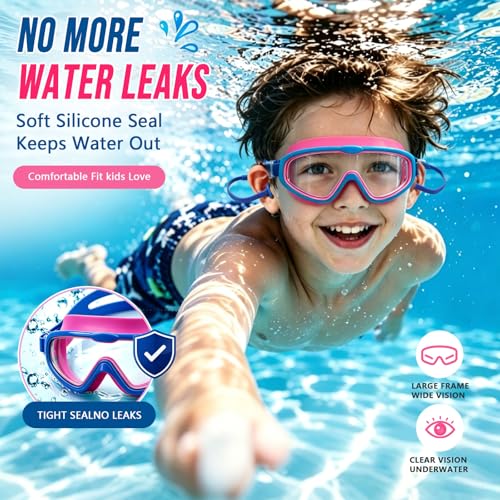 Kids Anti-Fog Swim Goggles 2-Pack for Girls & Boys, Hot Pink & Blue, Age 3-16
