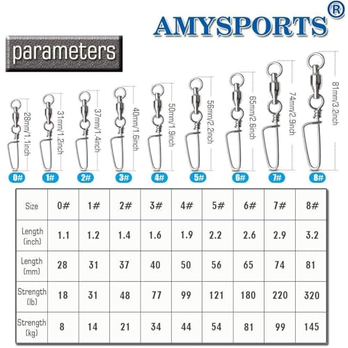 AMYSPORTS High Strength Fishing Snap Swivels - Stainless Steel Ball