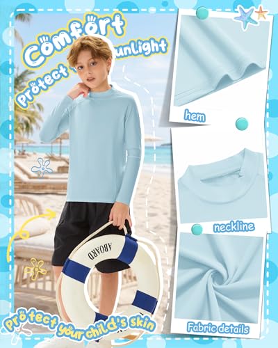 Boys' Long Sleeve Rash Guard Swim Shirts - 3 Pack, Ages 5-6, Orange, Light Yellow, Light Blue