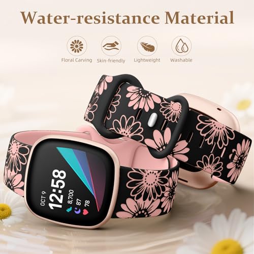 Sunflower Engraved Watch Band for Fitbit Sense/Sense 2/Versa 3/4 - Black/Pink