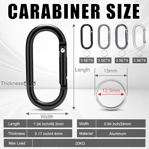 12 Set Aluminum Carabiner Keychain Clips - Assorted Colors