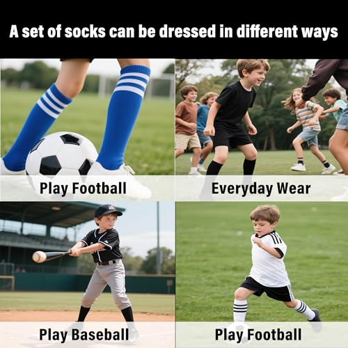LPMOERA Toddler Soccer Socks 4 Pairs Knee High Athletic Socks for Boys Girls, 7-11 Years, Black White Blue Red