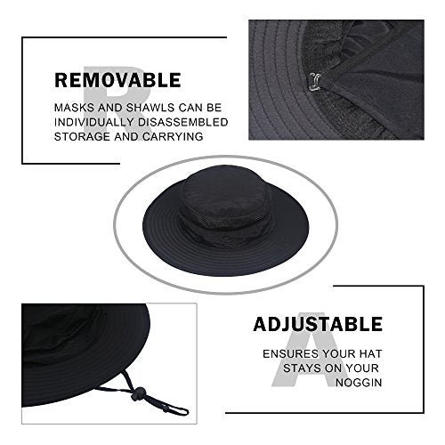 YR.Lover Outdoor UV Sun Protection Wide Brim Fishing Cap with Removable Flap, One Size, Black