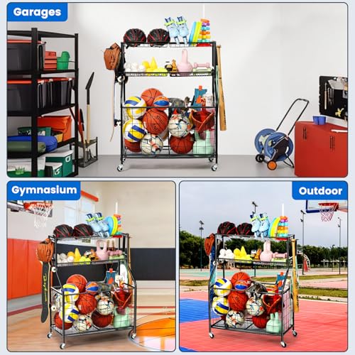 Garage Sports Equipment Organizer with Steel Rack & Wheels