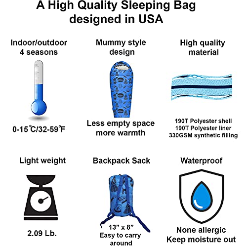 ANJ Outdoors Kid Mummy Sleeping Bag Blue for Kids up to 4'3" - 4 Season Lightweight Backpacking