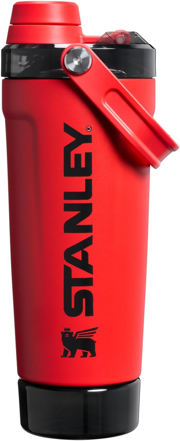STANLEY Vitalize Shaker Bottle 20 oz - Leakproof Insulated Stainless Steel | Base Storage & Fast Flow Lid | BPA-Free | Chili Black