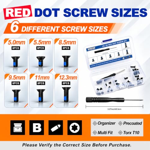 Rykeor #6-32 Red Dot Screw Kit - 36 Pieces for Optics & Mounts, 6 Sizes