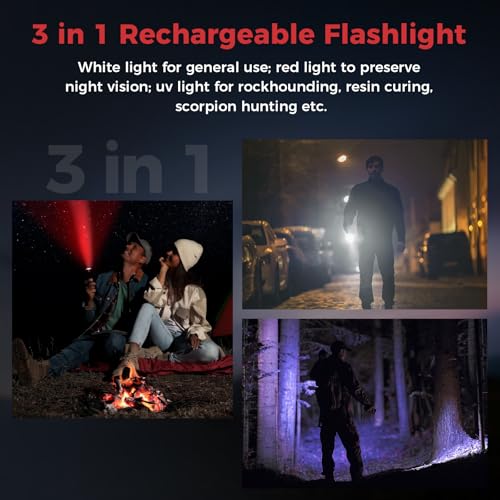 Z3 3-in-1 USB Rechargeable Flashlight, White/Red/UV LED Flash Light with Magnetic Base, 385nm Black Light for Resin Curing, Pet Urine Detection, Rockhounding, Camping, Hiking