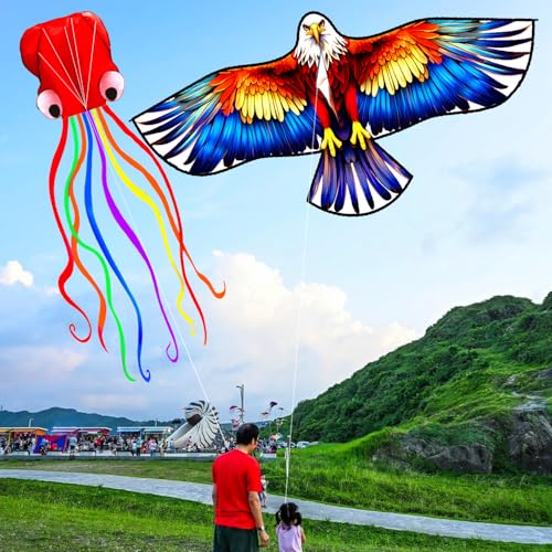 Colorful Eagle & Octopus Kites Set for Kids & Adults - Easy to Fly Outdoor Toys
