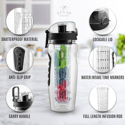Zulay Fruit Infuser Water Bottle 34oz Jet Black Leakproof with Full-Length Infusion Rod