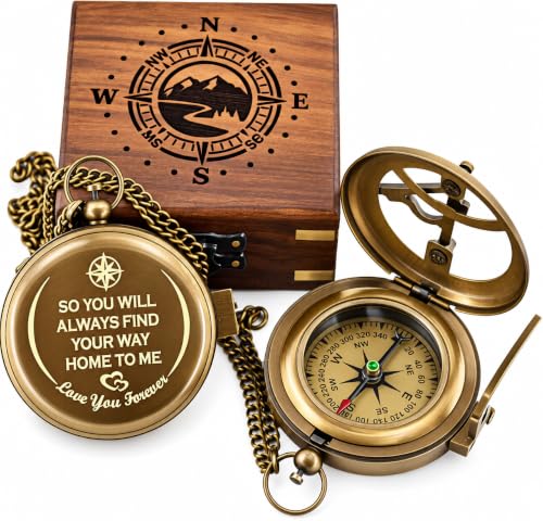 Brass Sundial Compass in Wooden Box with Engraved Message – Romantic Keepsake Gift