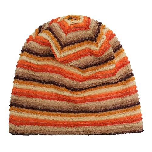 ZLYC Women's Striped Orange Knit Slouchy Beanie Hat - One Size Thin Skull Cap