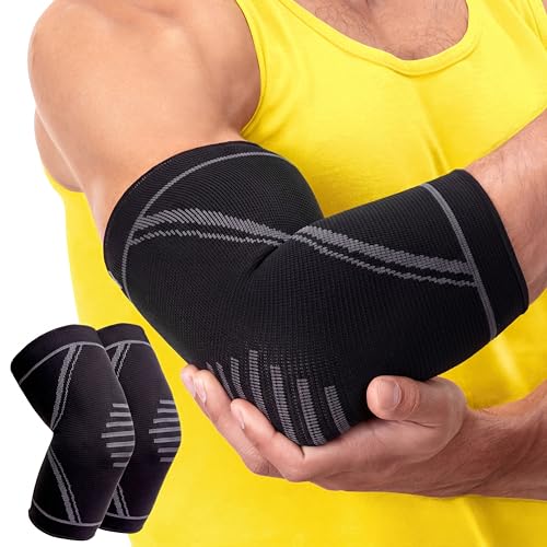 Elbow Compression Sleeve for Tennis & Golfers Elbow Pain - 2 Pack - Black Large