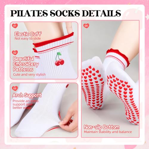 Non-Slip Pilates Grip Yoga Socks - 6 Pairs in Pink, Red, Ruffles
