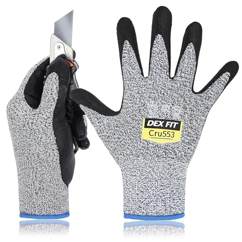 DEX FIT Level 5 Cut Resistant Gloves Cru553, 3D-Comfort Stretchy Fit, Power Grip, Professional Grade, Thin, Touch-Screen Compatible, Durable, Machine Washable; Grey L (9) 3 Pairs