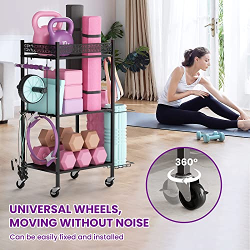 3-Tier Yoga Mat Storage Rack with Wheels & Hooks - Black