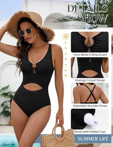 Cut Out One Piece Swimsuit - V Neck Bathing Suit - Large Black
