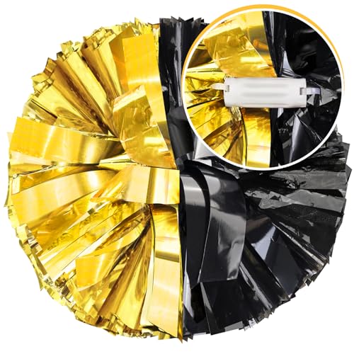 HOLENGS 12-Inch Metallic Cheerleading Pom Poms Black & Gold - 4 Pack for Sports & Dance