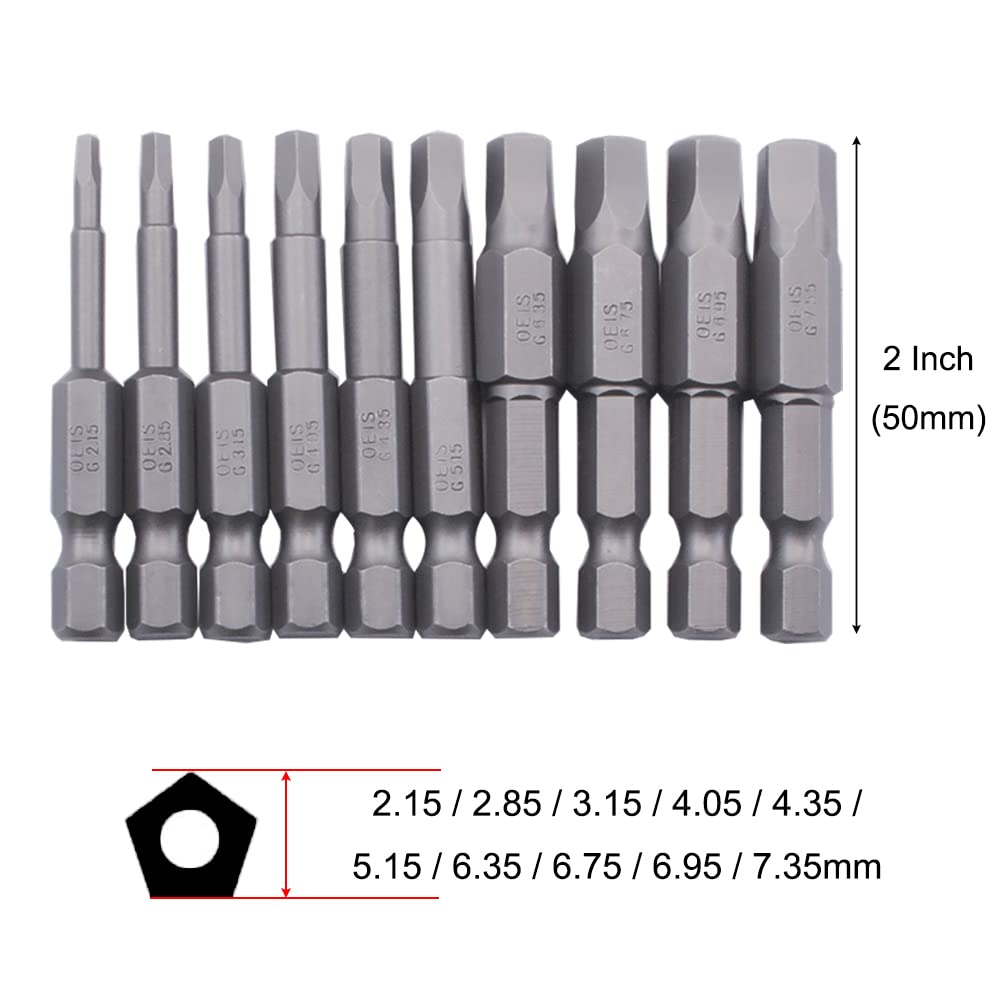 SeonFook 10pcs Magnetic Pentagonal Drive Bit 5 Sided Pentagon Head Screwdriver Bits Set 1/4 Inch Hex Shank 2.15-7.35mm Security Screw Driver Drill Bit Power Tool (2 Inch Length)