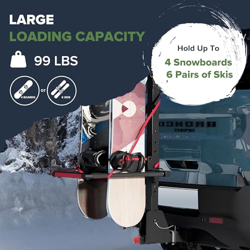 Folding Hitch-Mounted Ski & Snowboard Rack - Holds 6 Skis or 4 Boards