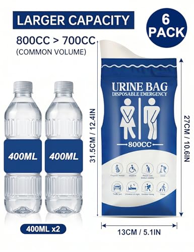 800ML Portable Disposable Urine Bags - Blue, 6 Pack