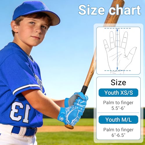 Nogvaks Youth Baseball Batting Gloves Blue/White, M/L (6-6.5in), Non-Slip Breathable Lightweight Kids Sports