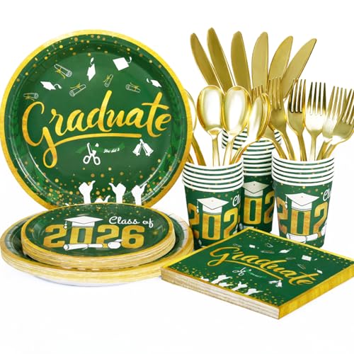 Green and Gold Graduation Plates and Napkins Set - Serves 24