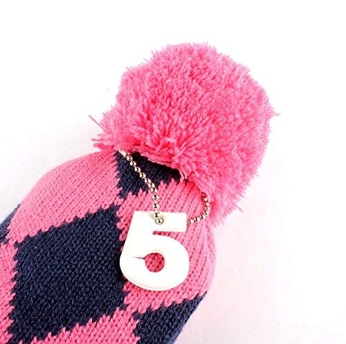 Craftsman Golf Knit Pom Pom 3pcs Headcover Set Vintange Sock Covers for Driver and Woods (Navy Argyle Pink White)