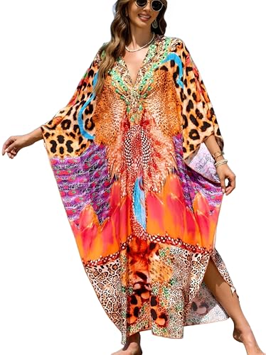 IMAGEKOPE Women's Plus Size Animal Print V-Neck Batwing Kaftan Beach Dress - One Size / 927-29 Color