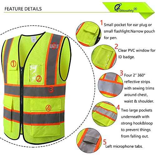 Reflective Mesh Safety Vest for Men Women with 5 Pockets and Zipper Front High Visibility Mesh Vest Hi Vis Construction Work Vest,Meets ANSI/ISEA Standards(EK175-Yellow-L)
