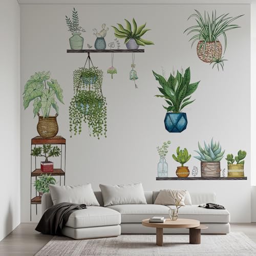 Green Plants Potted Wall Decals Tropical Plants Green Leaves Wall Stickers, DIY Vinyl Nature Wallpaper, for Living Room Background Wall Decoration Kids Bedroom Kitchen Office Girl Room