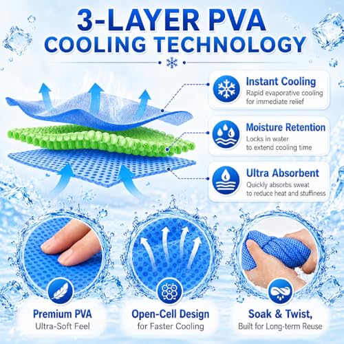 BobbleT Kids PVA Cooling Towels 4 Pack – Blue, Instant Neck & Face Towels