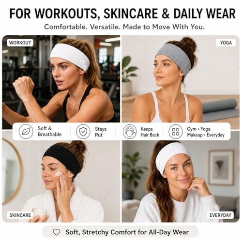 Extra Wide Headbands for Women - 3 Pack in Black, White & Gray