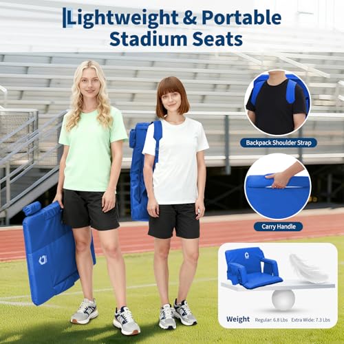 20 Inch Stadium Seats - 2 Pack Bleacher Chairs with Back Support, Armrests & Storage - Blue