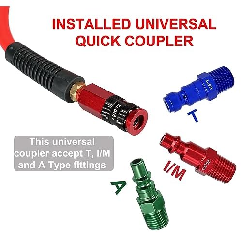 Heavy Duty Reinforced Polyurethane Recoil Air Hose 1/4 in x 10 ft, Lightweight, Flexible Compressor Hose with Universal Quick Coupler, Plug and Bend Restrictors, Red