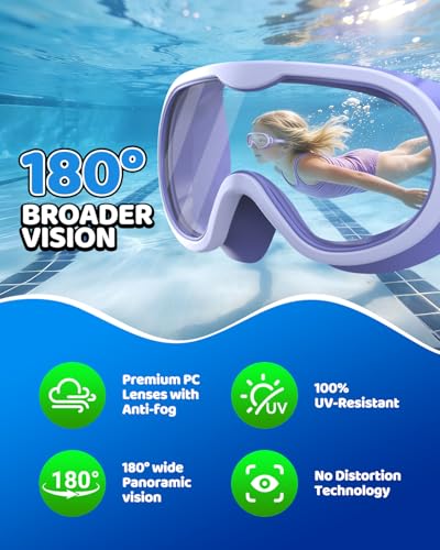 Swim Goggles for Kids 6-14 - Anti-Fog Anti-UV Wide View - 2 Pack - Black Green & White Purple