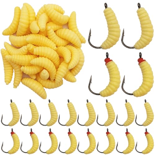 Rubber Fishing Maggots Bait Set - 20 Hooks + 30 Soft Worms
