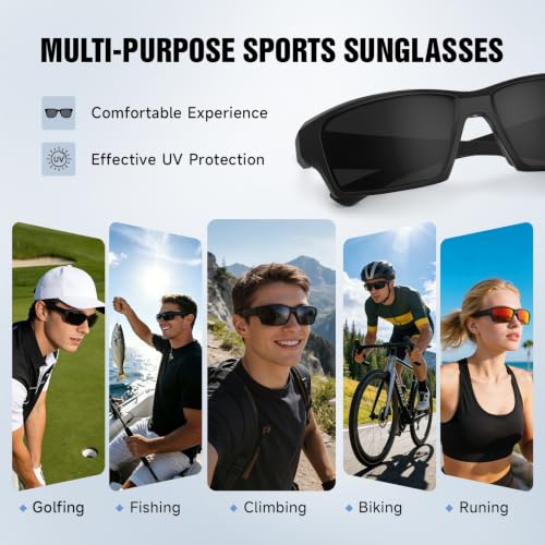 Polarized Sports Sunglasses - Lightweight TR90 Wrap Around - Black Frame Grey Lens