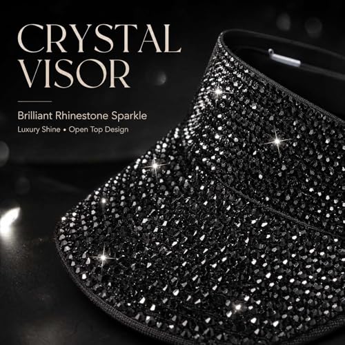 YeeSupe Women's Black Rhinestone Sun Visor Hat - Adjustable Summer Beach Cap