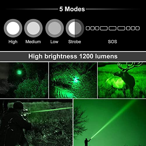 WINDFIRE Green Light Tactical Flashlight 1200 Lumens LED Hunting Hog Coyote Predator Weapon Lights Rechargeable 5 Modes Torch with Picatinny Rail Mount, Pressure Switch, Battery