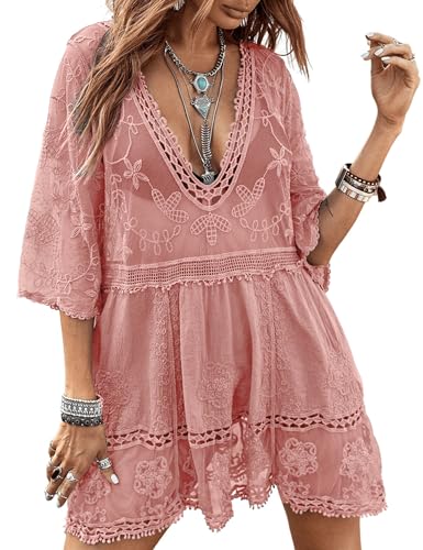 Eomenie Women's Lace V-Neck Swimsuit Cover-Up, One Size, Pink